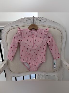 🍒 12 Mth OshKosh B'gosh Pink Cherry Print Ruffle Long-Sleeve One-Piece NWT